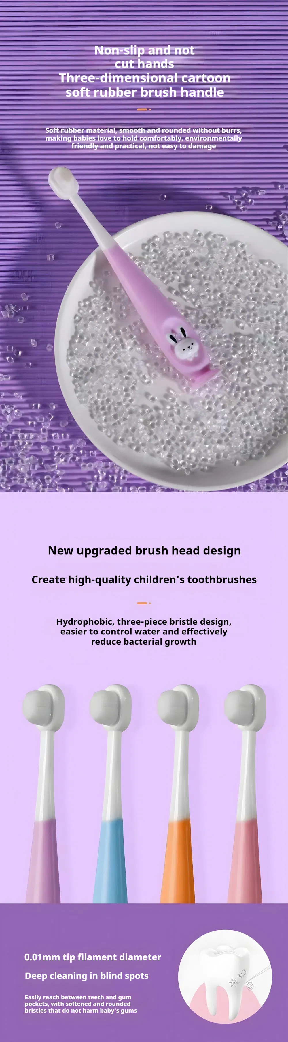 OEM ODM Cute Clover Baffle Silicone Handle Soft Bristle Children's Toothbrush in Green Purple Colors