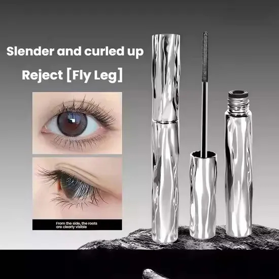 Custom Logo Eye Lash Makeup Sliver Tube Black Mascara Lengthening Volume Waterproof Thick Curling Natural Curved Metal Mascara