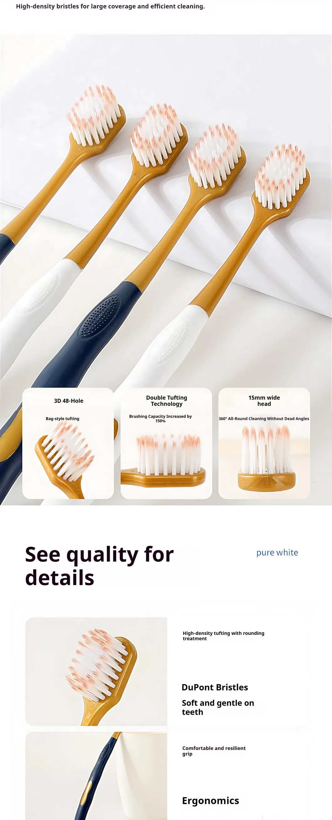 FDA Approved Adult Plastic Toothbrush with Soft Nylon Bristles for Deep Cleaning